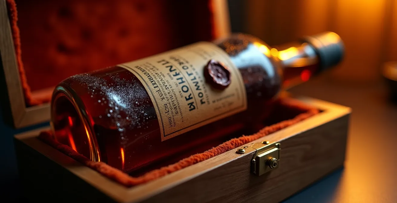 Bouteille de rhum vieux millésimé dans un écrin de velours avec étiquette dorée visible de côté