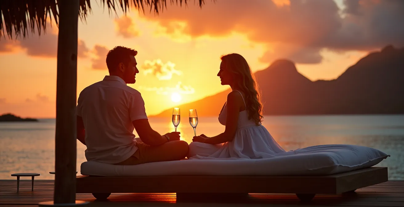 Couple admirant le coucher de soleil depuis la terrasse privée d'un bungalow sur pilotis avec vue sur le Mont Otemanu
