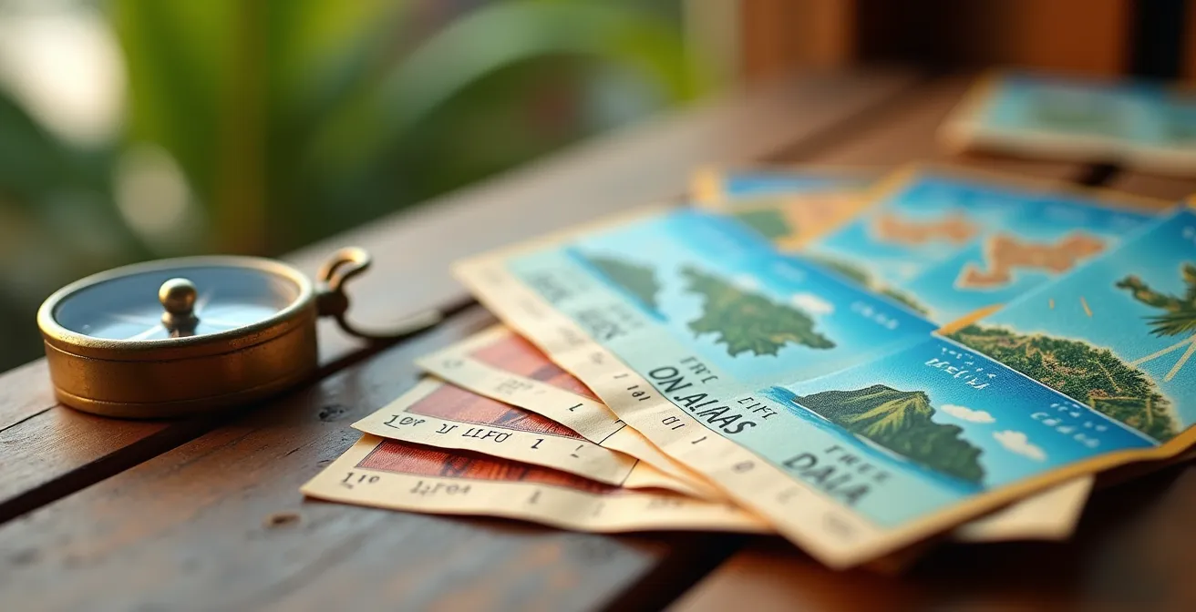 Calculatrice et billets de ferry illustrant le calcul du meilleur tarif pour voyager entre les îles