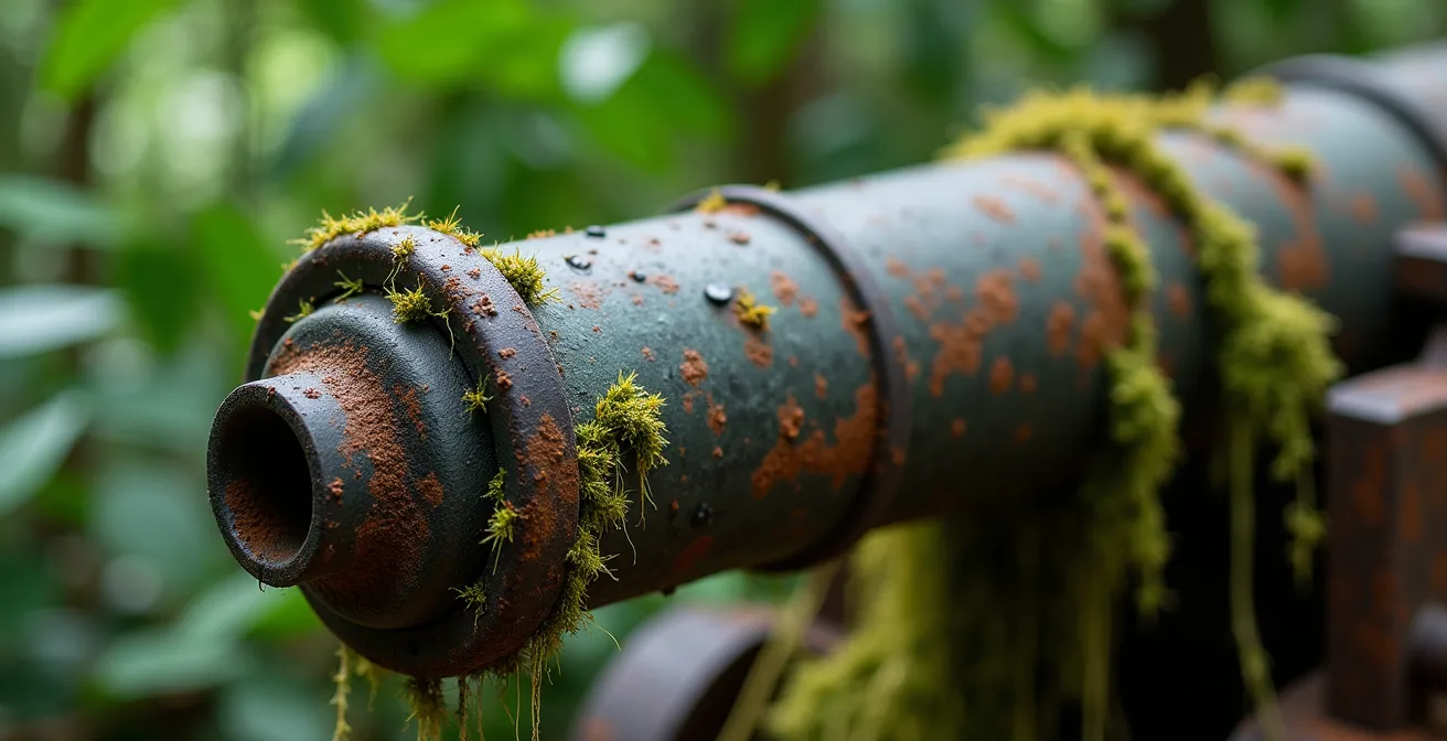 Canon historique de la Seconde Guerre mondiale envahi par la végétation tropicale