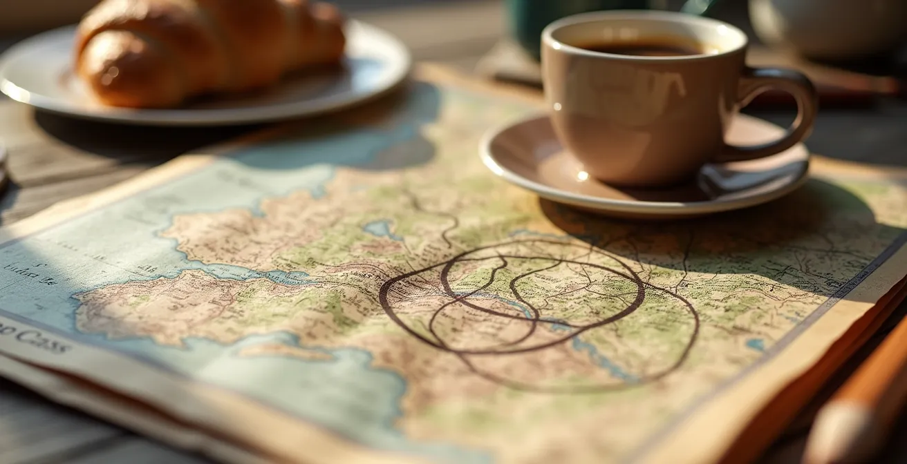 Table de petit-déjeuner avec carte topographique annotée par l'hôte