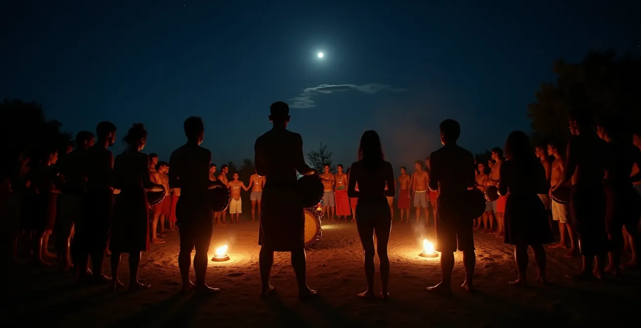 Vue large d'un rassemblement nocturne en cercle autour de tambours ka illuminés par des torches