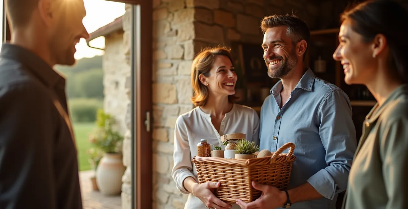 Portrait chaleureux d'un propriétaire de chambre d'hôtes accueillant des visiteurs dans sa maison de campagne française
