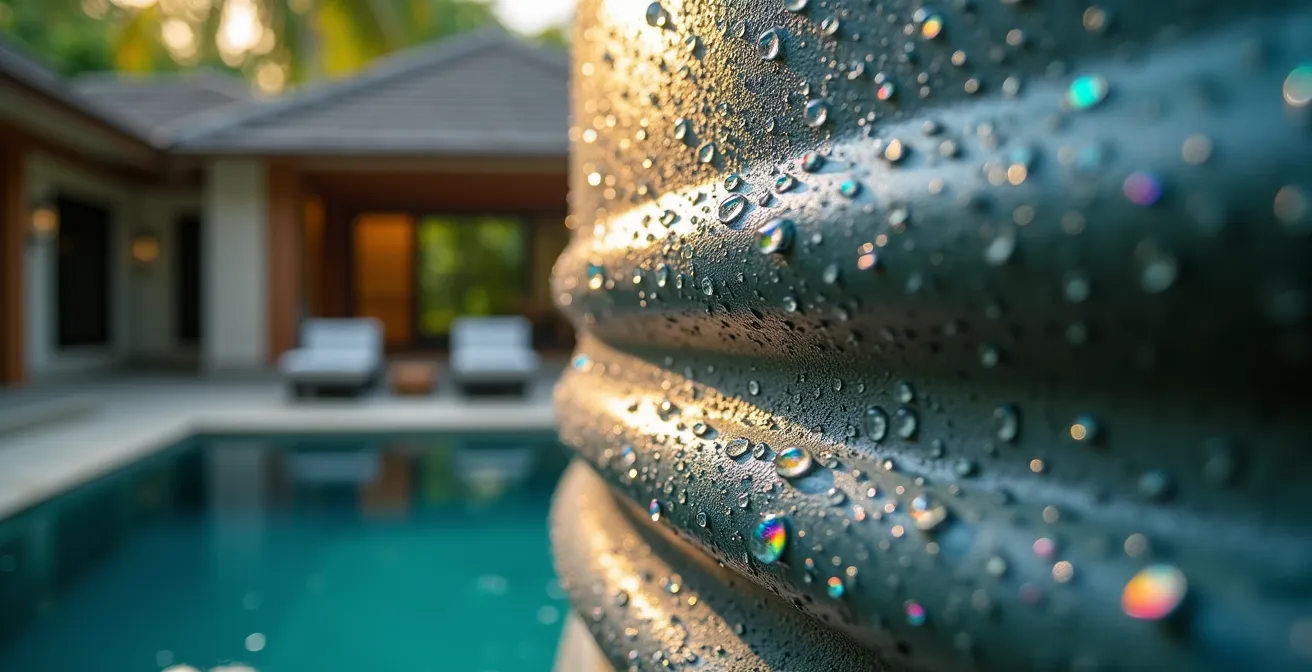Installation de citerne d'eau avec surpresseur dans le jardin d'une villa antillaise