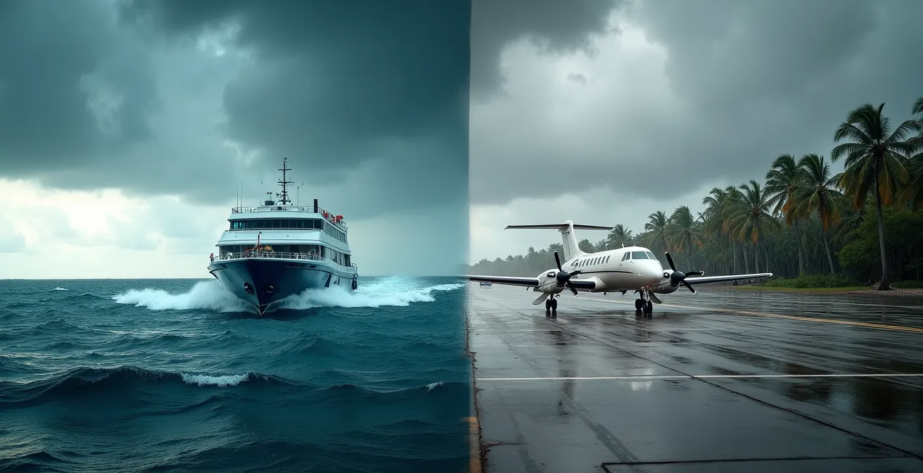 Comparaison visuelle entre un ferry et un avion pendant la saison cyclonique aux Caraïbes