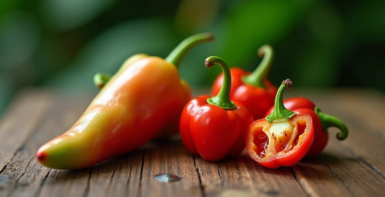 Comparaison visuelle entre piment végétarien allongé et piment oiseau petit et rond sur planche de bois créole