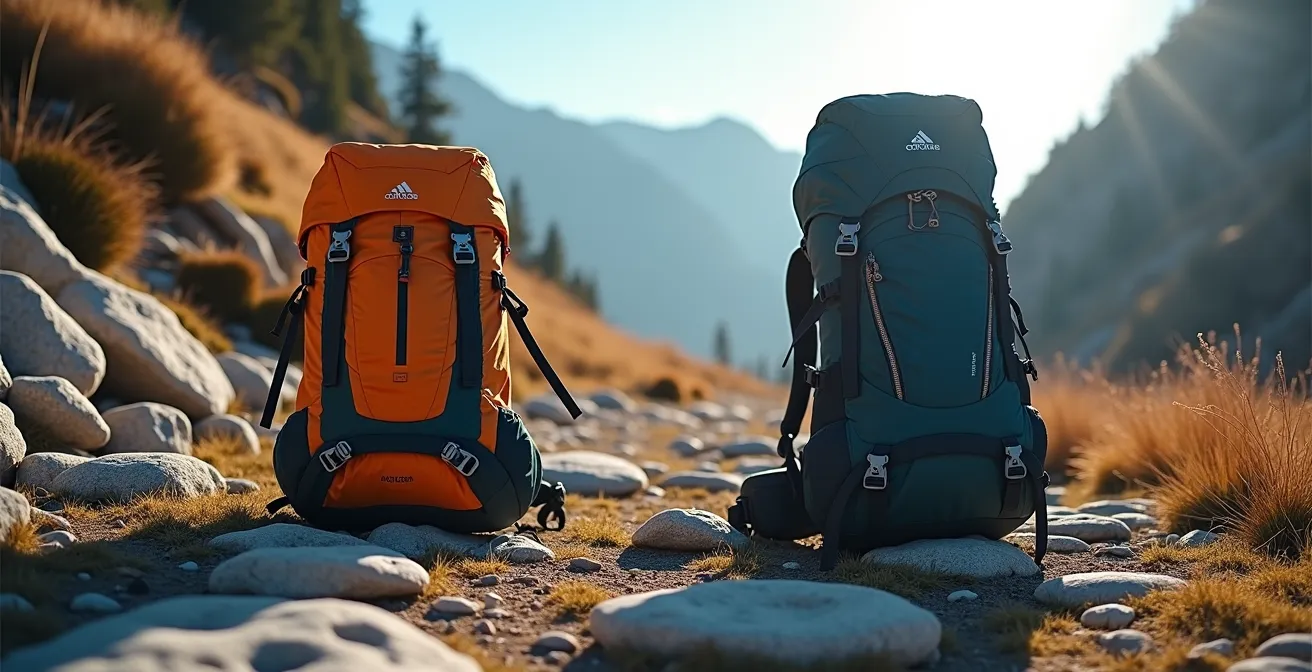 Comparaison visuelle entre un sac à dos optimisé et un sac surchargé en montagne