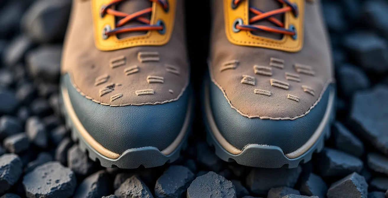 Gros plan macro sur deux semelles de chaussures montrant l'usure différentielle sur terrain volcanique