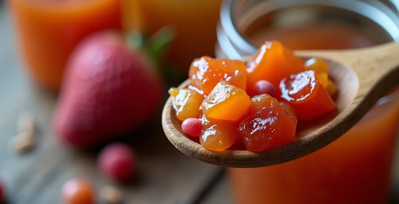 Vue macro d'une cuillère de confiture artisanale montrant la texture naturelle avec morceaux de fruits