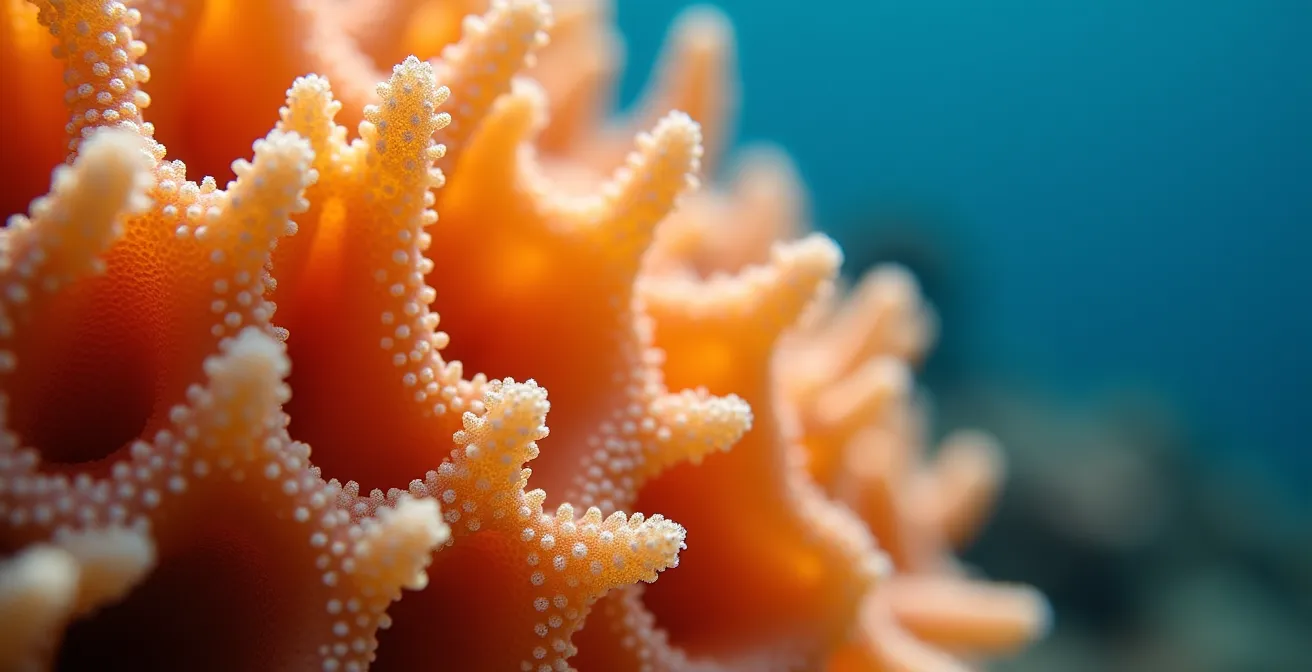 Macro photographique d'un corail de feu avec ses structures urticantes dans un lagon tropical