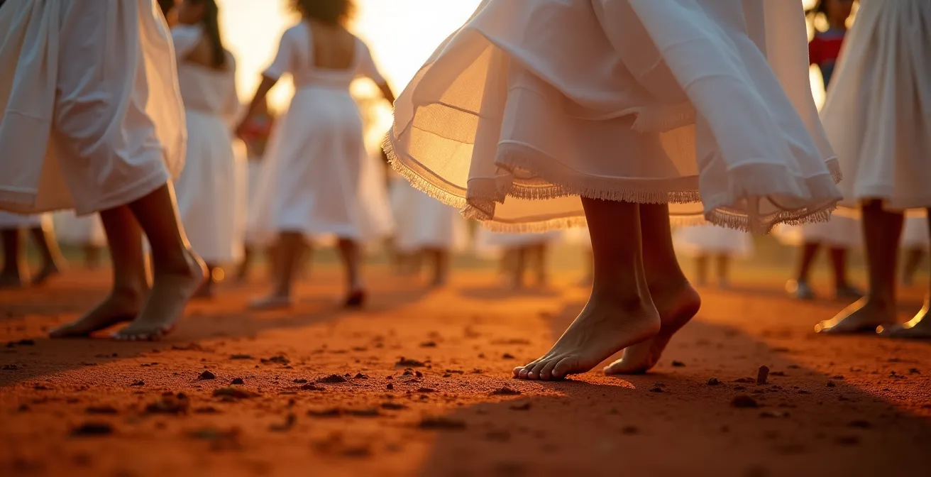 Danseurs en cercle lors d'un kabar maloya, mouvements fluides et ancrage au sol