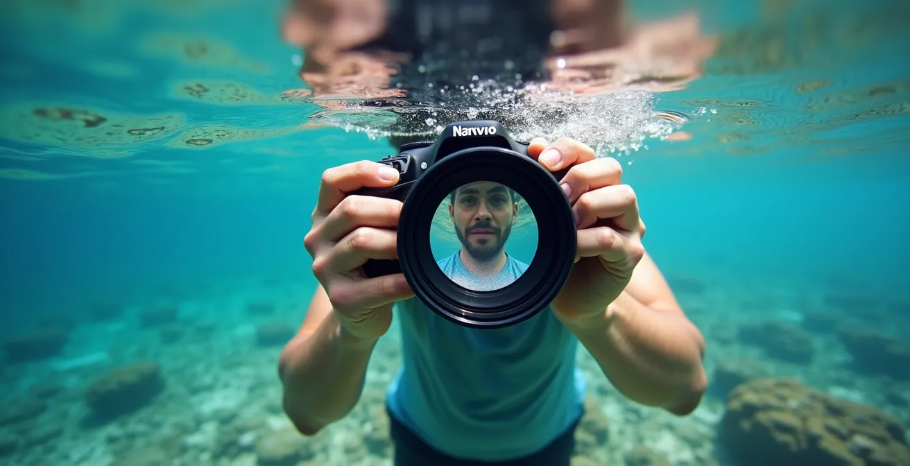 Photographe sous-marin tenant un dôme pour GoPro, capturant la ligne de flottaison avec récif visible en dessous