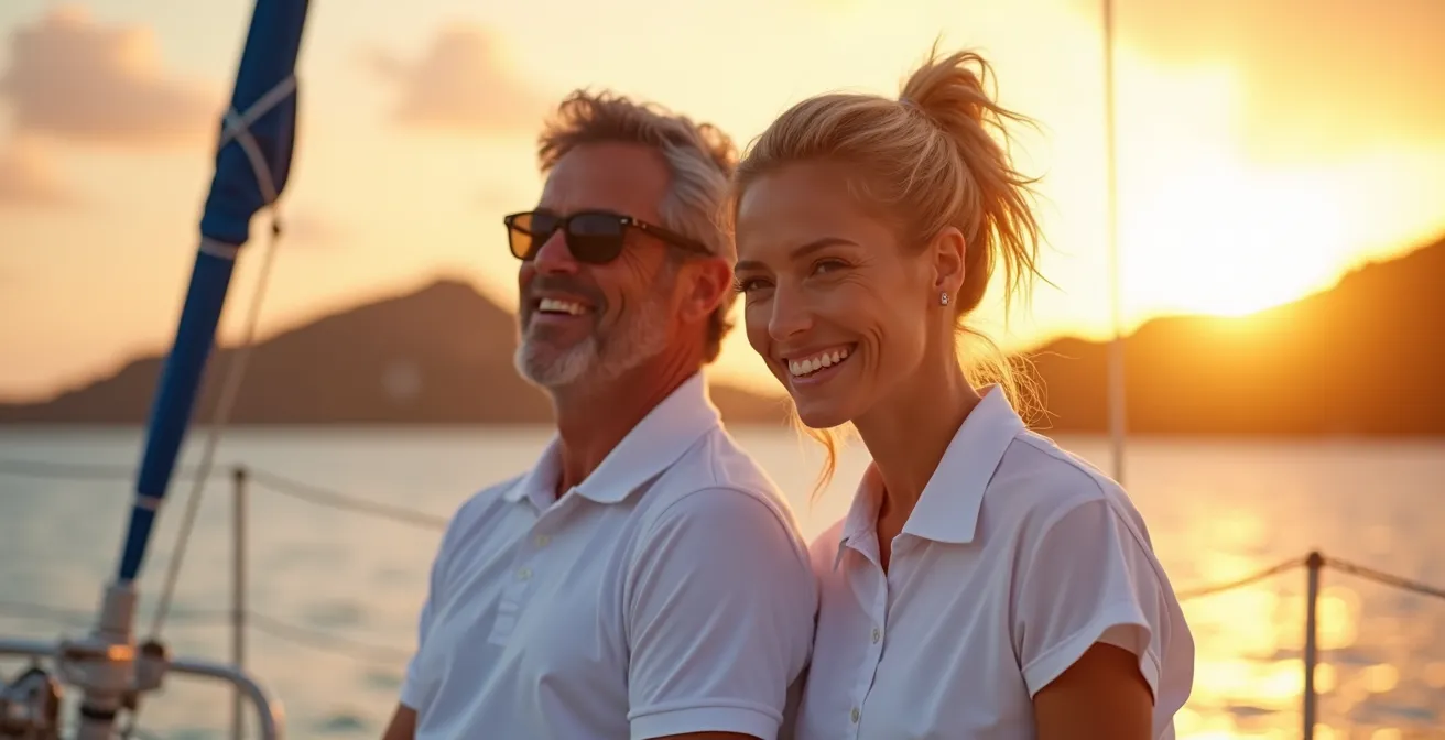 Équipage professionnel sur le pont d'un catamaran au coucher de soleil dans les Grenadines