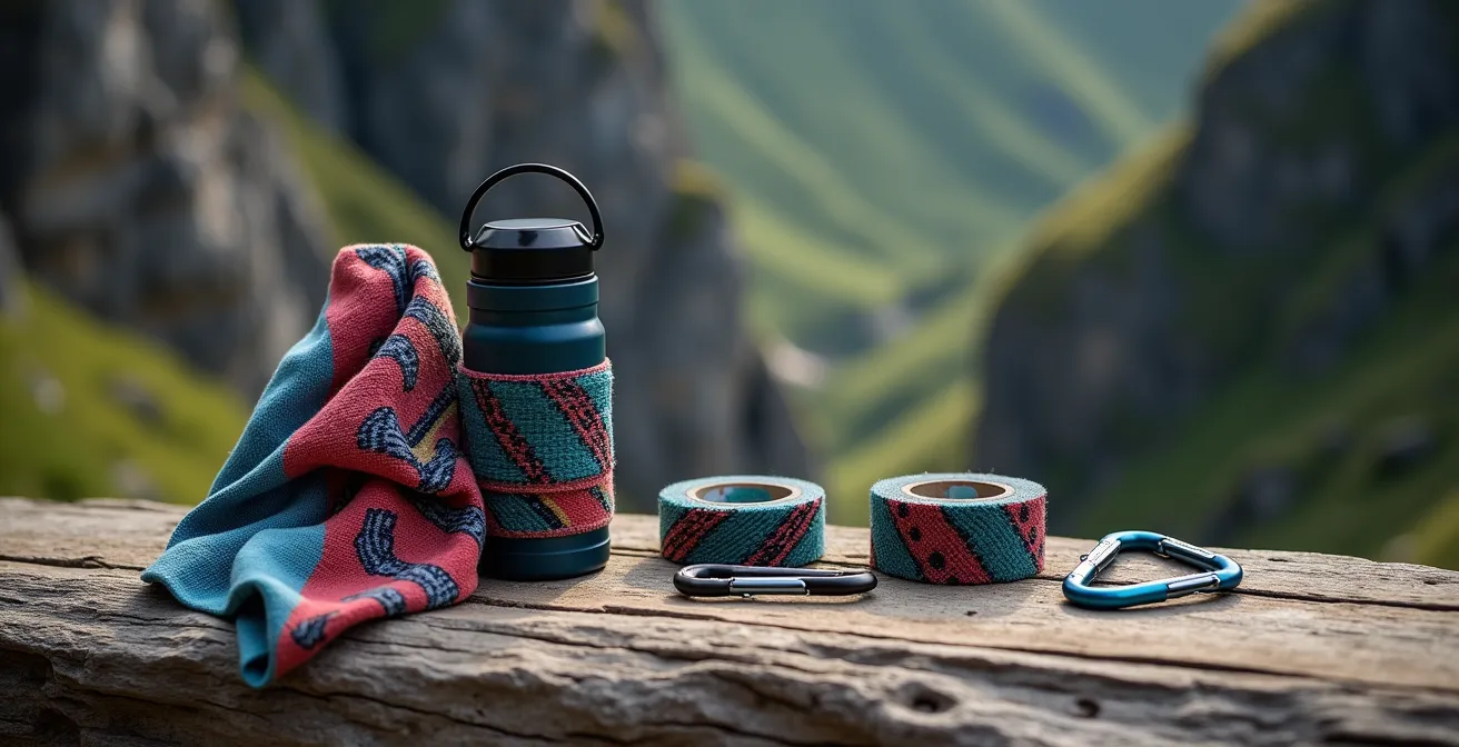 Équipement de trek minimaliste avec objets multifonctions sur fond de cirque montagneux