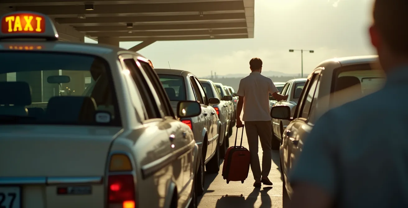 Vue en contre-plongée de taxis alignés devant un terminal d'aéroport