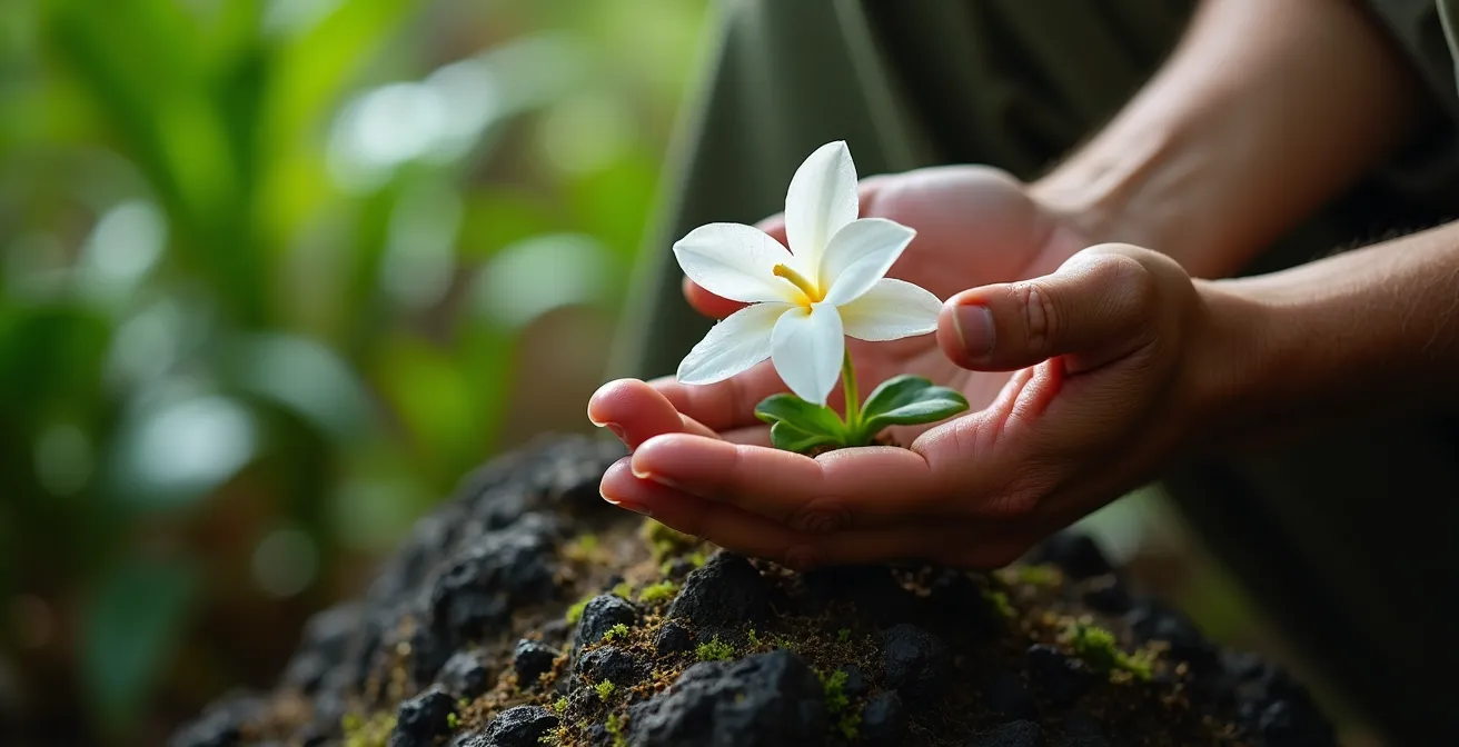 Gros plan sur une fleur endémique protégée de La Réunion dans son habitat naturel