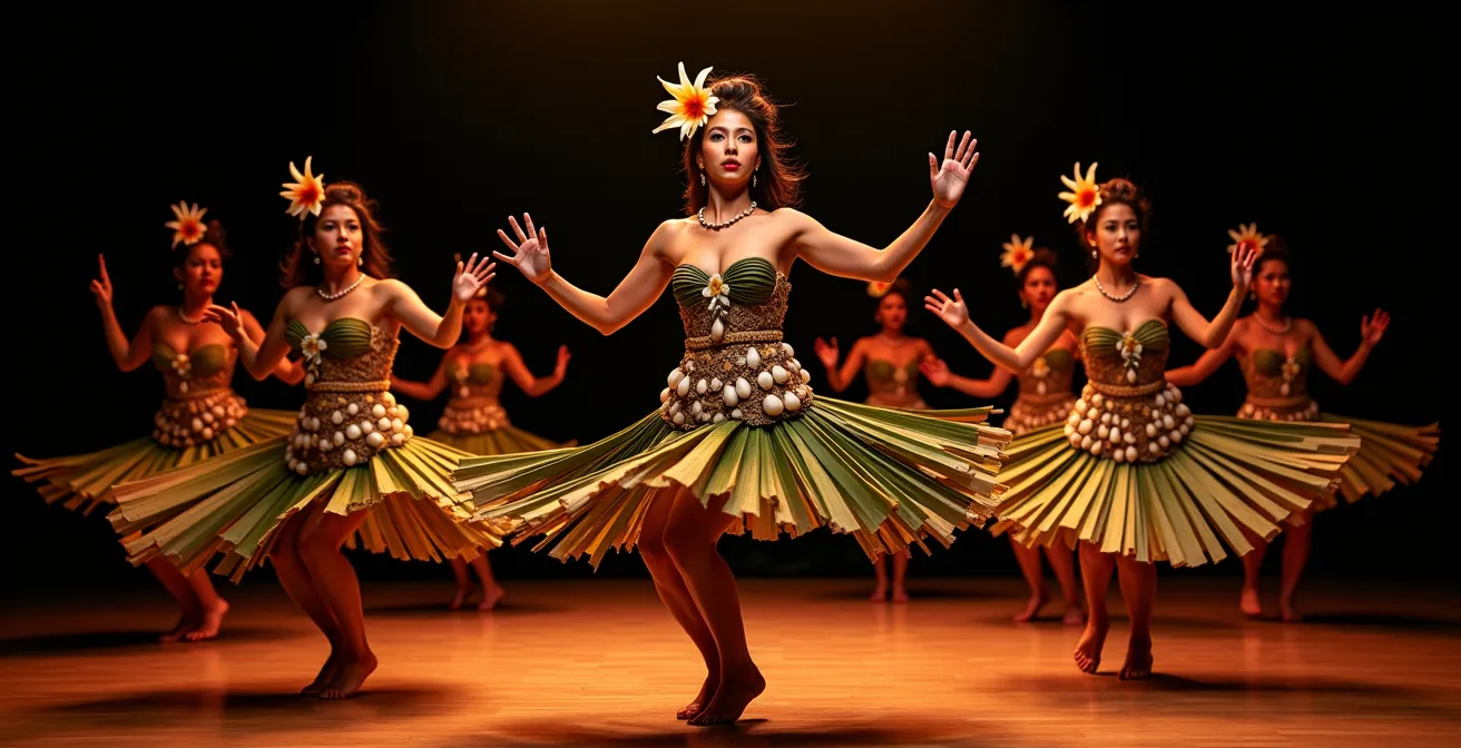Danseuses tahitiennes en costumes végétaux traditionnels lors du Heiva