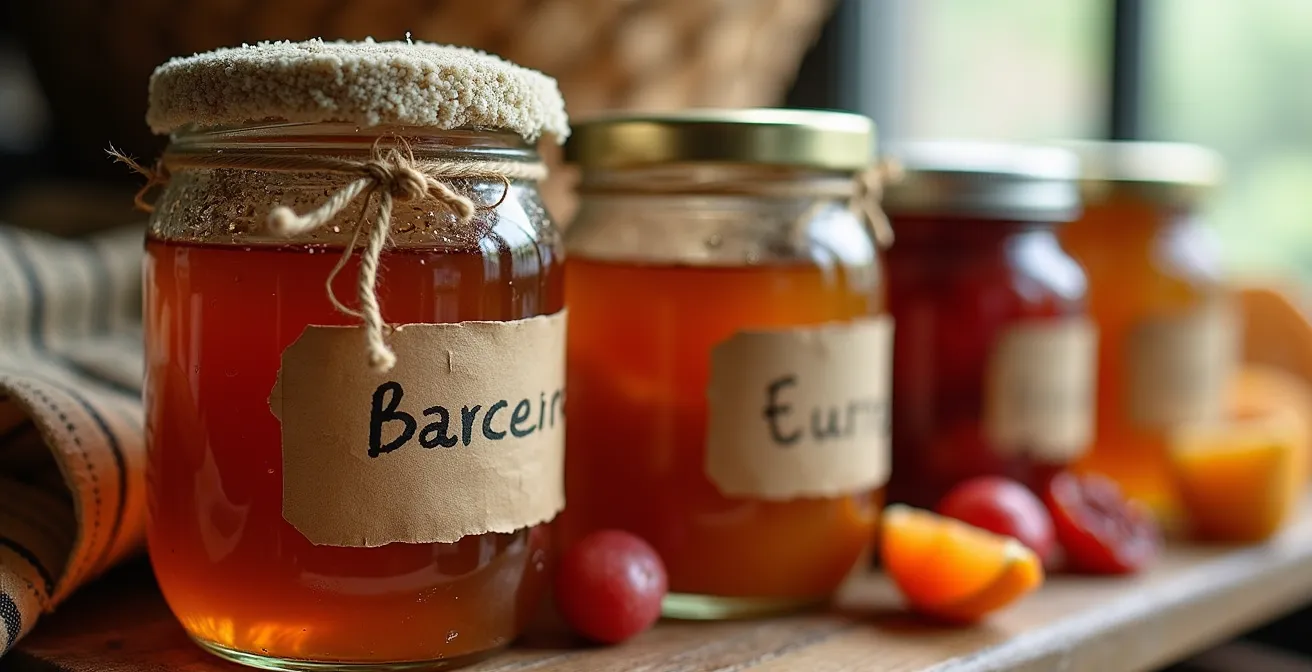 Gros plan sur étals de confitures artisanales avec contenants dépareillés et étiquettes manuscrites