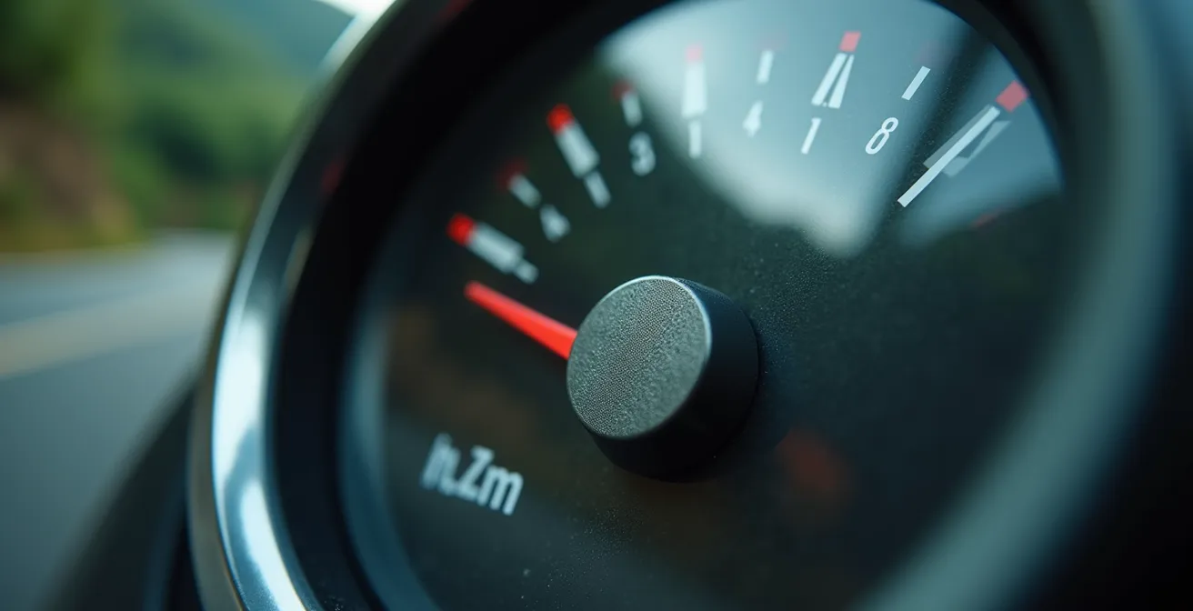 Vue macro sur une jauge d'essence avec en arrière-plan flou une route de montagne