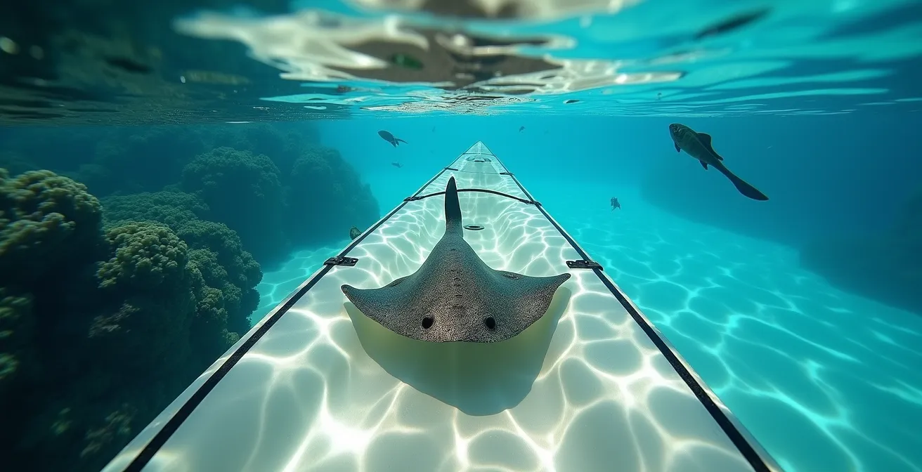 Kayaks transparents sur le lagon cristallin de Moorea avec raies visibles sous l'eau