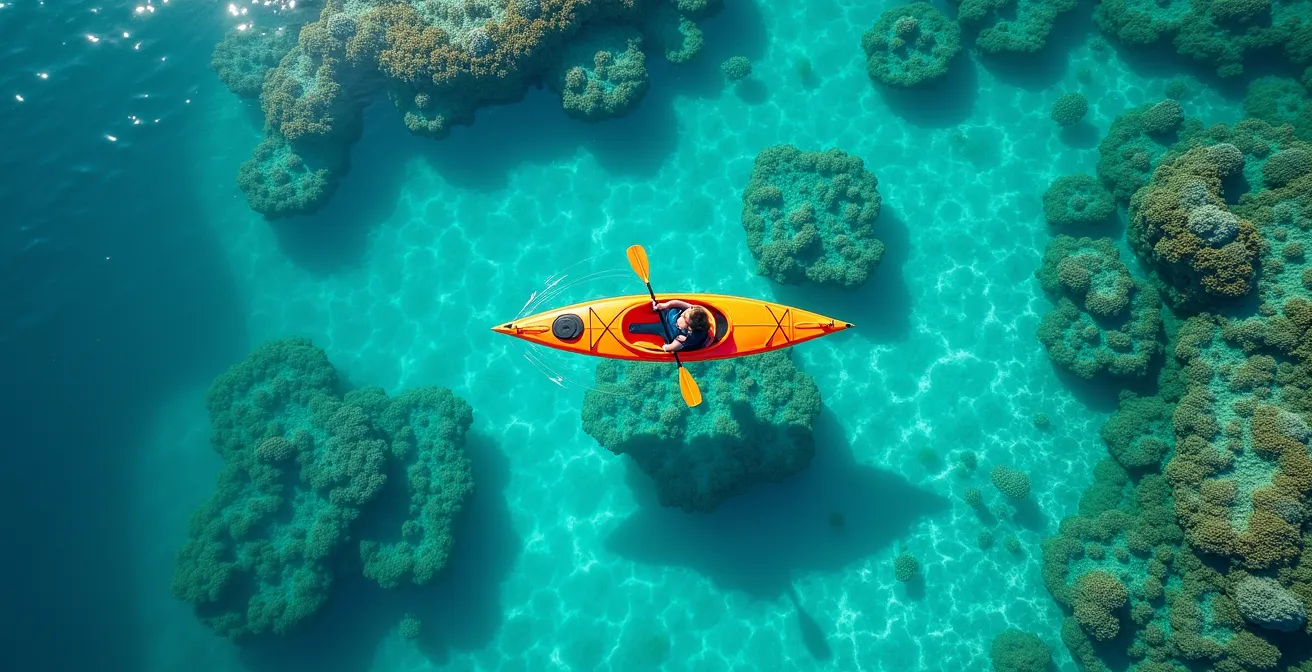 Vue aérienne d'un kayak transparent glissant au-dessus d'un récif corallien peu profond, pagayeur utilisant la technique de la godille