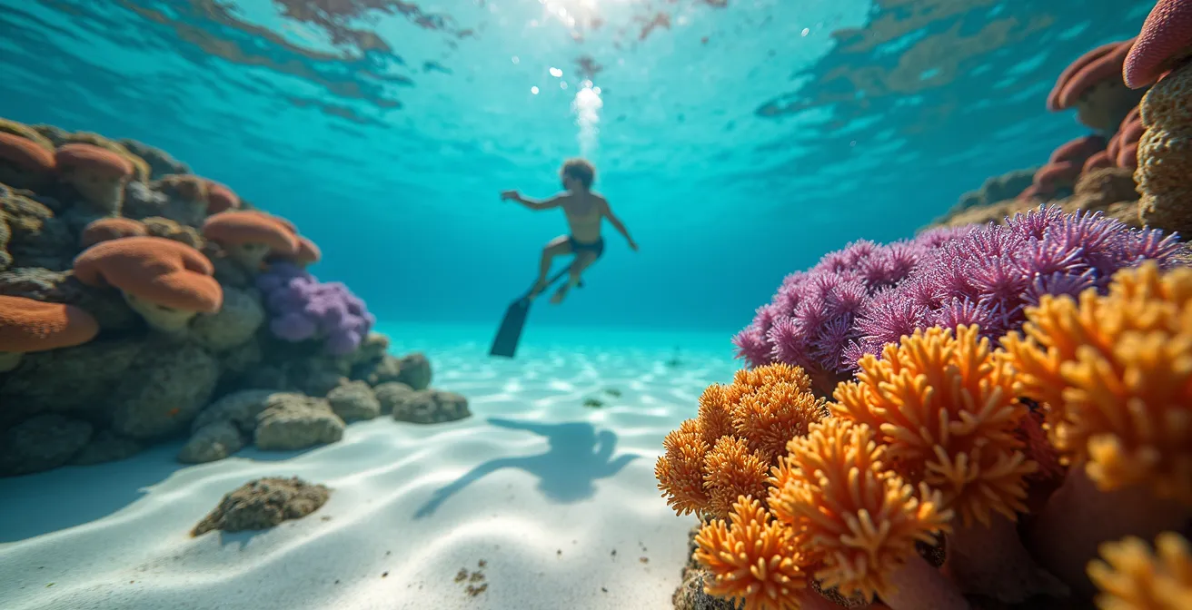 Plongeur en apnée observant respectueusement les coraux multicolores depuis une distance sécuritaire dans un lagon cristallin
