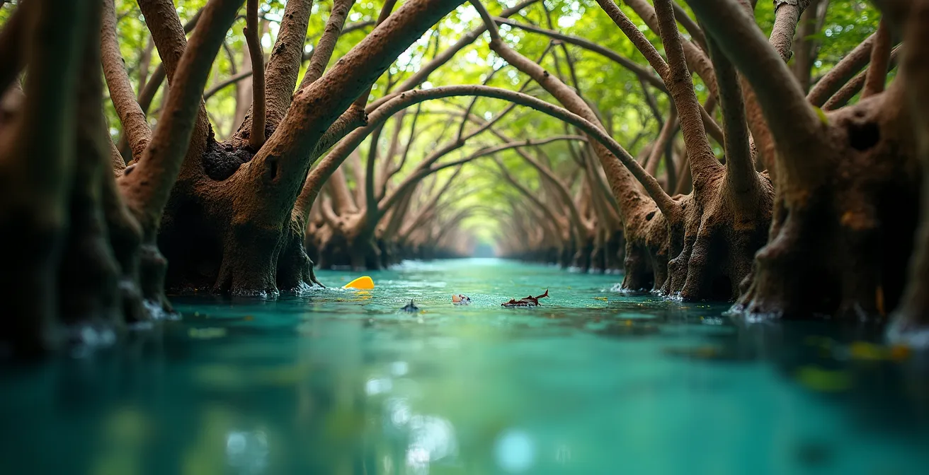 Kayakistes naviguant silencieusement dans une mangrove préservée de Guadeloupe avec palétuviers et faune visible