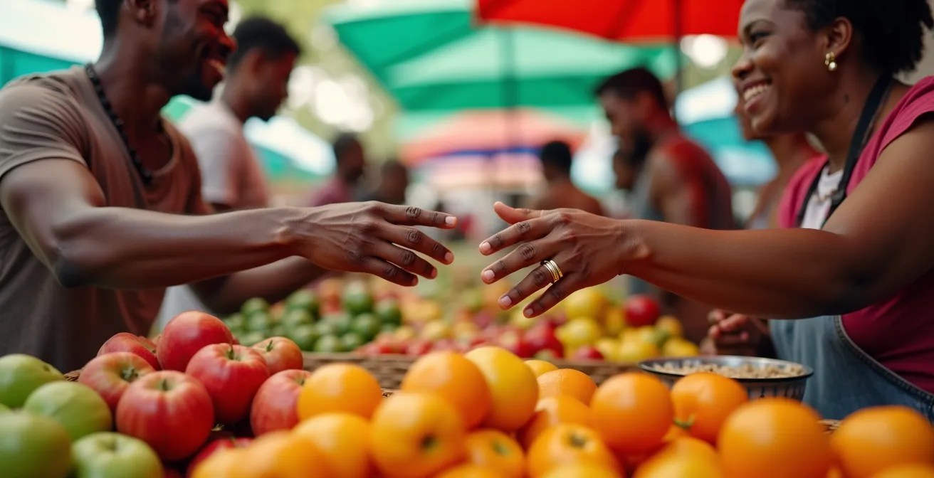 Scène de marché caribéen avec vendeurs et clients échangeant dans une ambiance complice et joyeuse