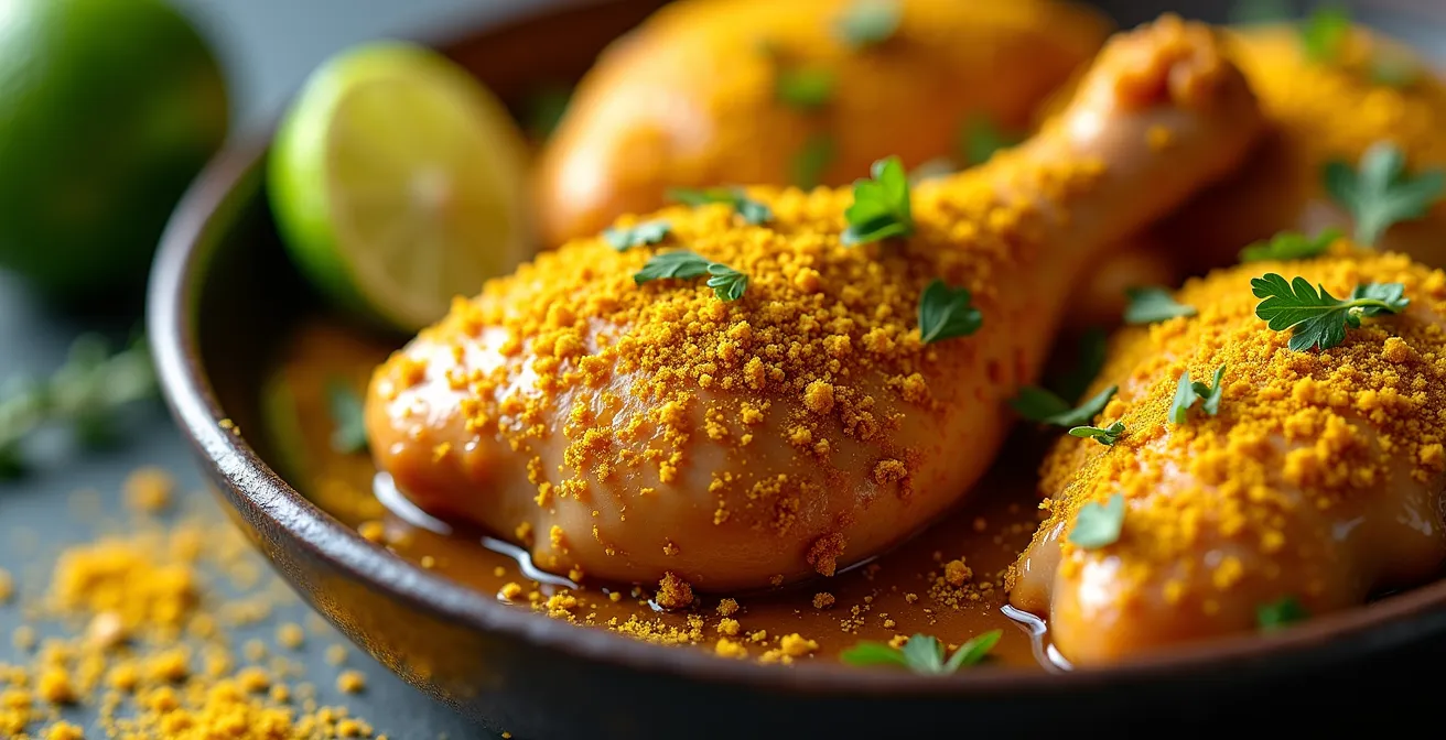 Morceaux de poulet marinant avec épices colombo, citron vert et aromates dans un saladier traditionnel