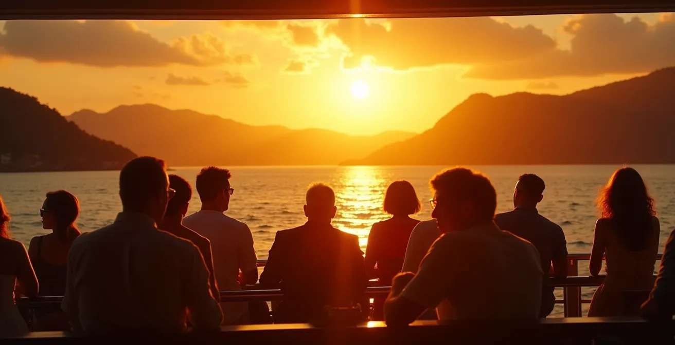 Vue depuis le pont d'une navette au coucher du soleil avec passagers admirant la baie dorée