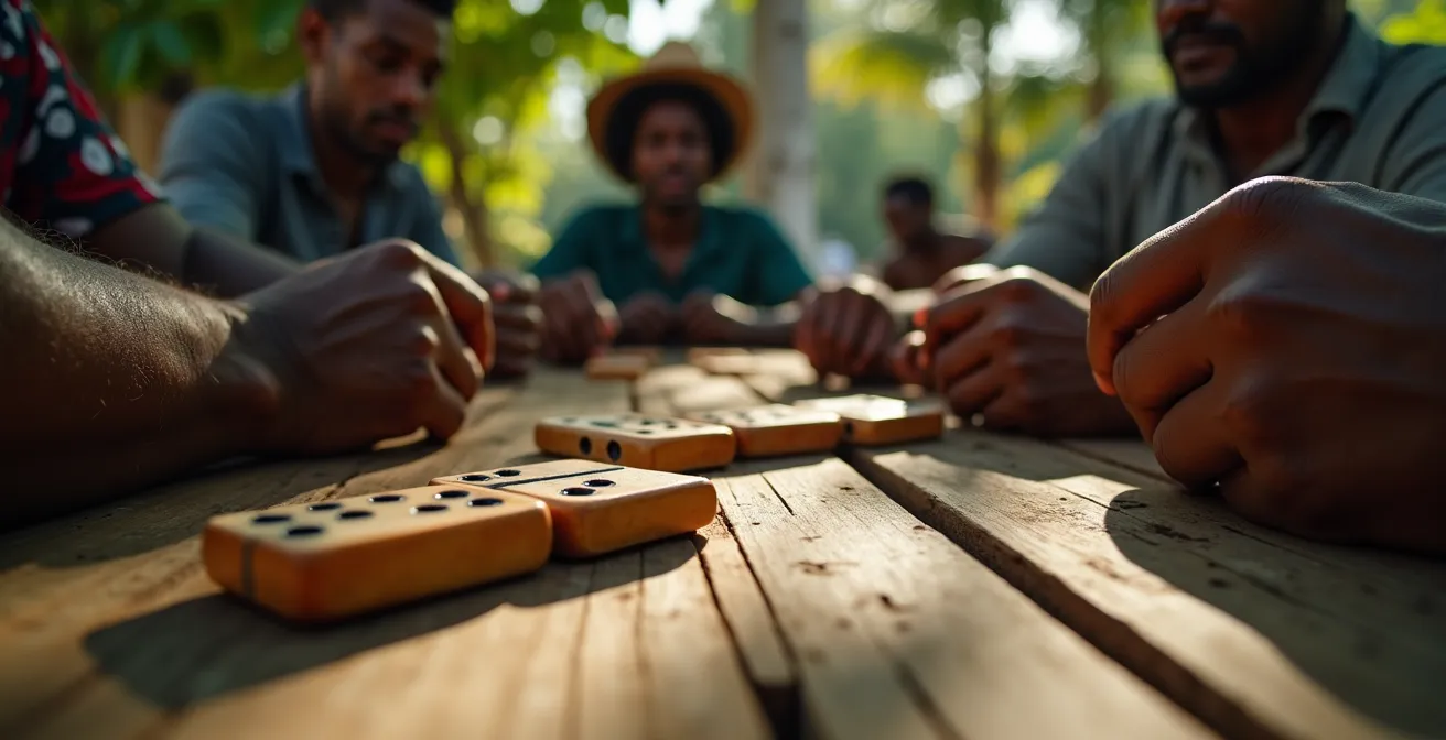 Joueurs de dominos autour d'une table en bois sous un arbre dans une place de village antillaise