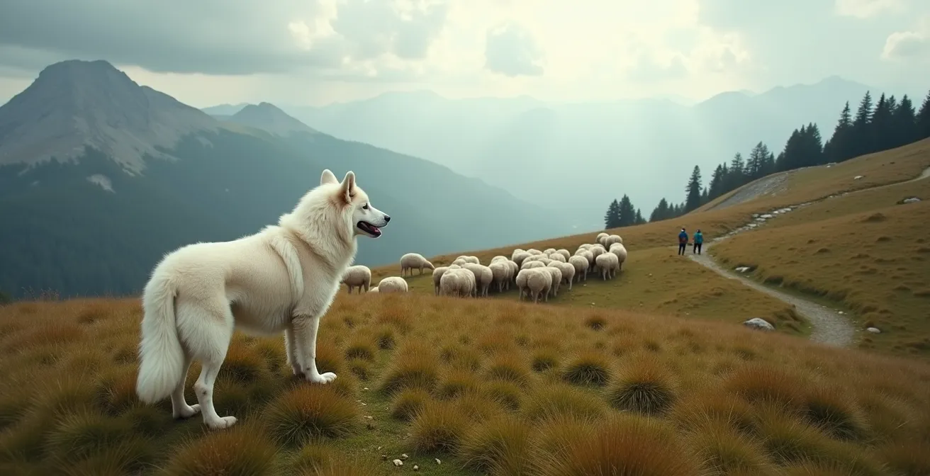 Chien de montagne des Pyrénées surveillant un troupeau de moutons dans un alpage