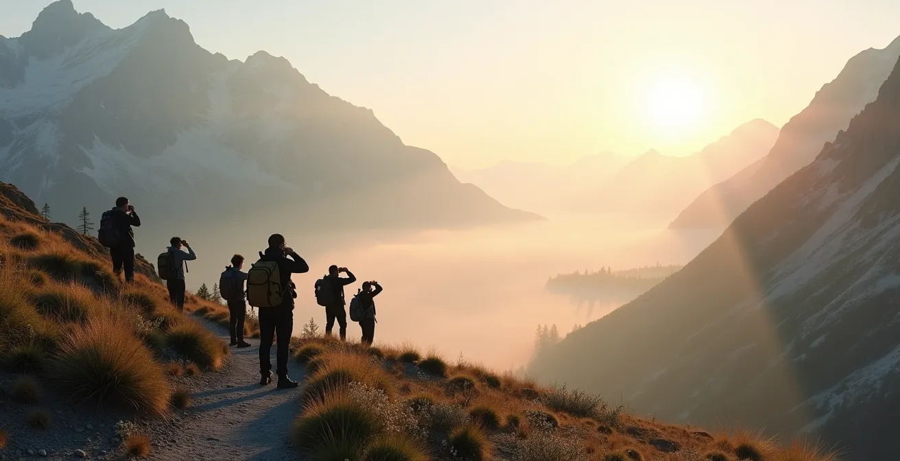 Vue panoramique d'une vallée alpine silencieuse avec randonneurs observant discrètement la faune