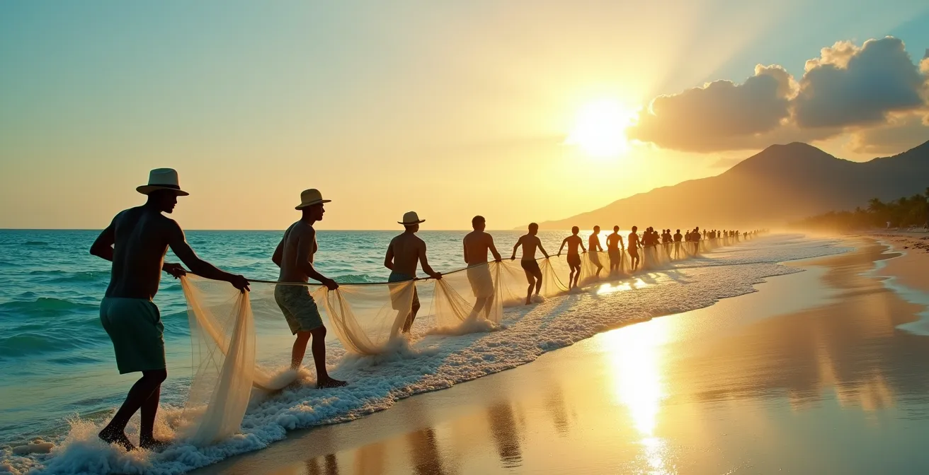 Pêcheurs antillais tirant collectivement une senne sur une plage au lever du soleil