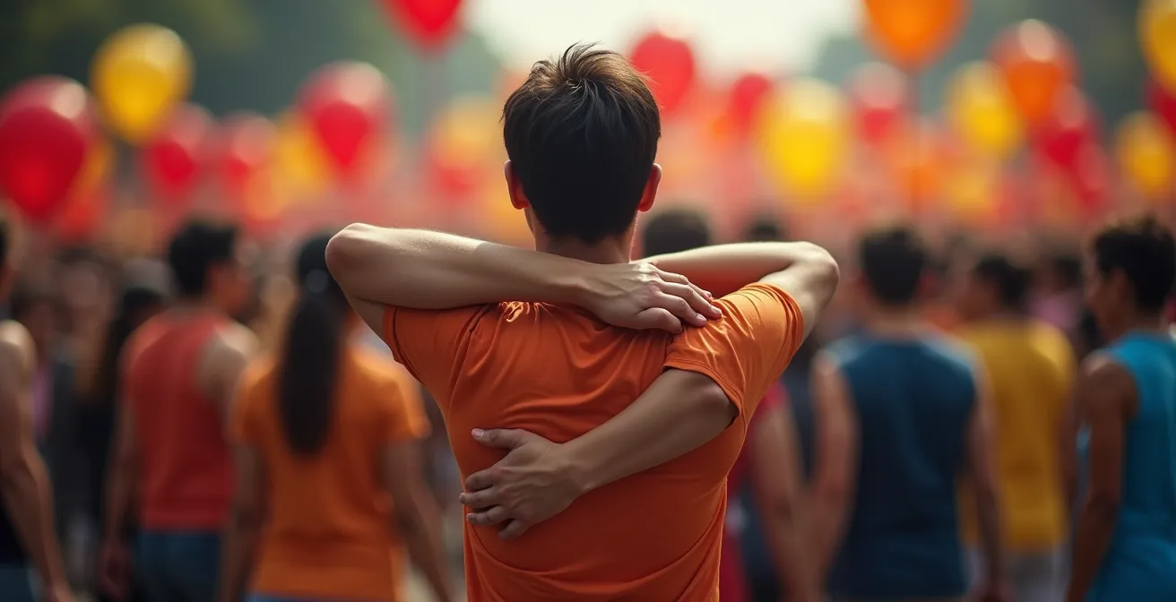 Démonstration de la posture de protection dans une foule dense pendant le carnaval