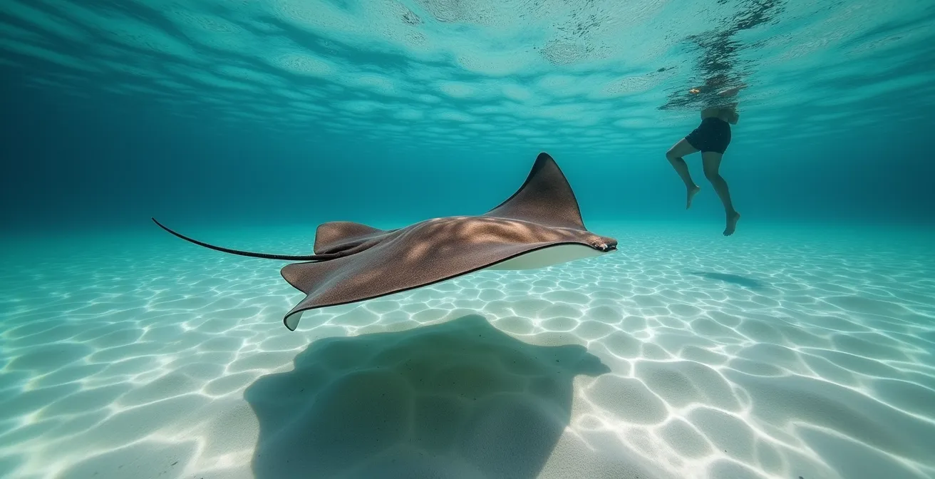 Raie pastenague évoluant naturellement dans un lagon peu profond avec observation à distance respectueuse