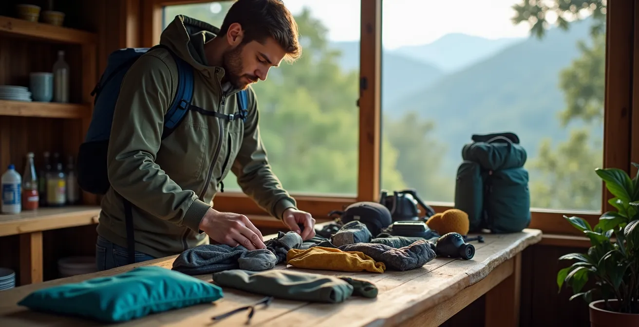 Randonneur organisant son équipement sur une table avec vue sur les montagnes tropicales de La Réunion