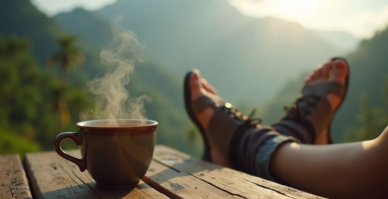 Randonneur en phase de récupération avec vue sur les montagnes tropicales