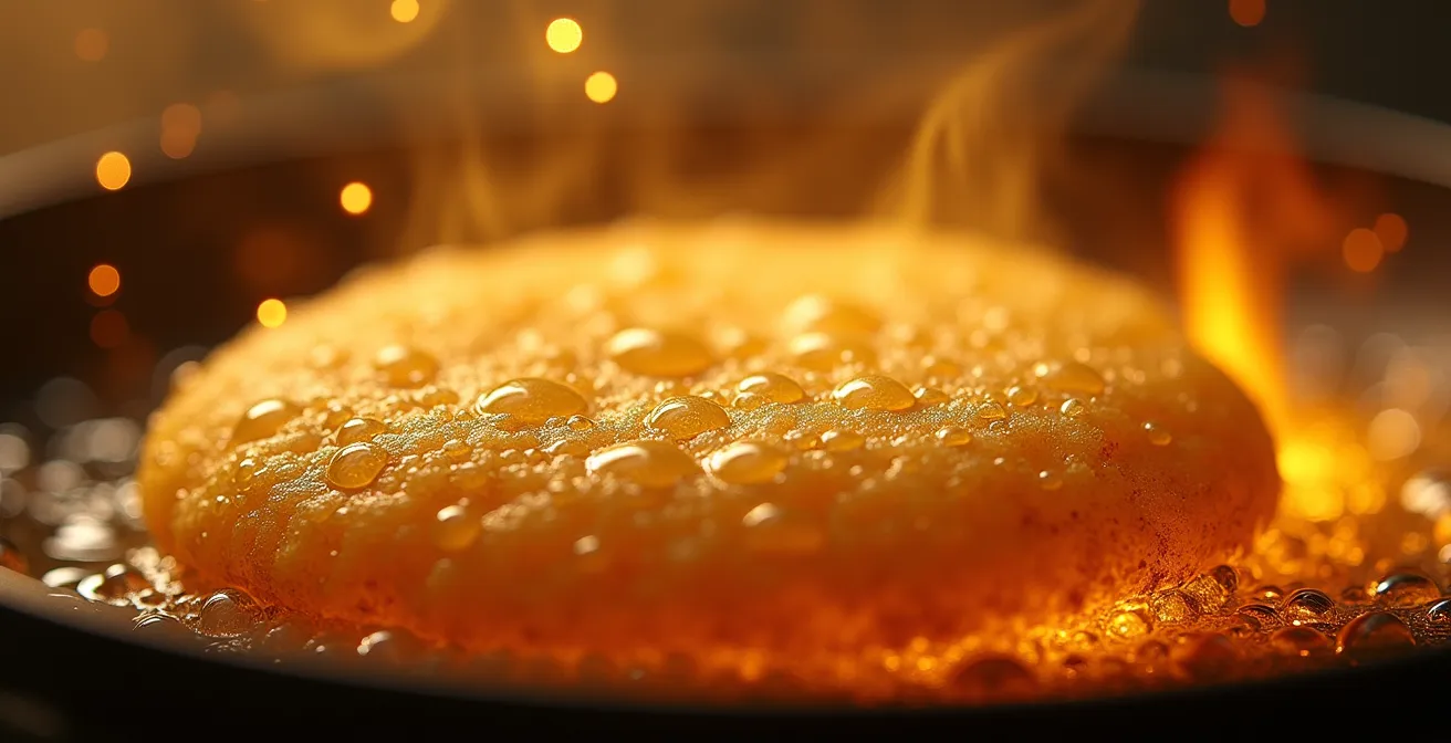 Vue macro de la surface dorée d'un accra en cours de friture montrant la formation de la croûte