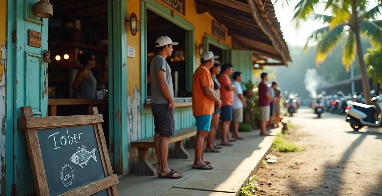 Restaurant créole traditionnel avec ardoise du jour montrant un seul plat et file d'attente de locaux