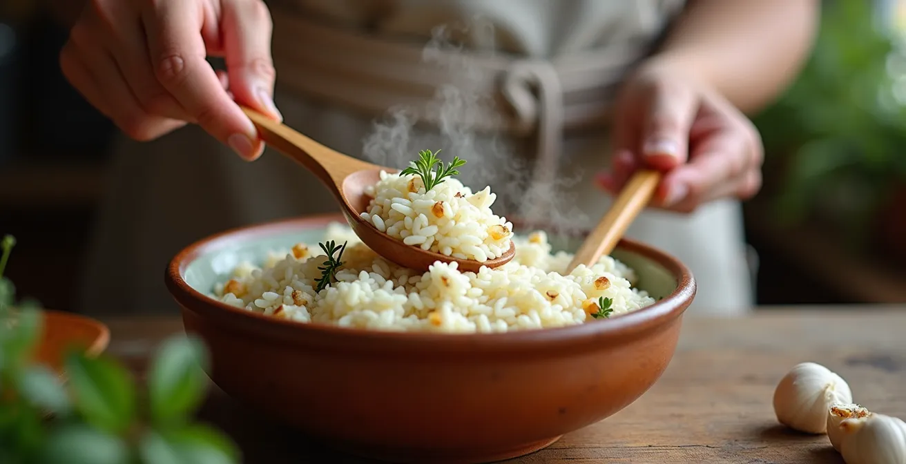 Bol de riz blanc parfaitement cuit grain par grain avec brins de thym frais et éclats d'ail doré