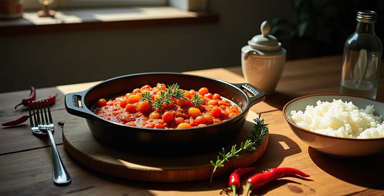 Rougail authentique montrant la sauce croûte caractéristique sans crème