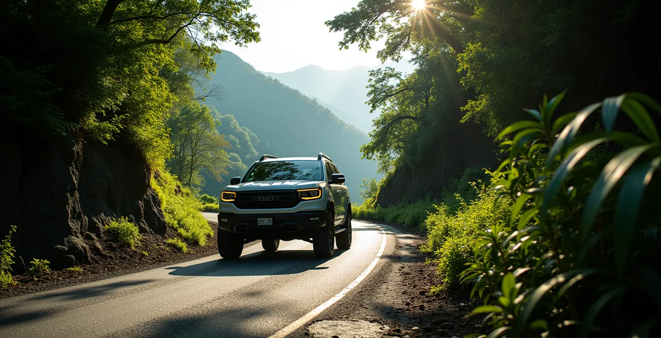 Route sinueuse de montagne en Basse-Terre avec véhicule tout-terrain