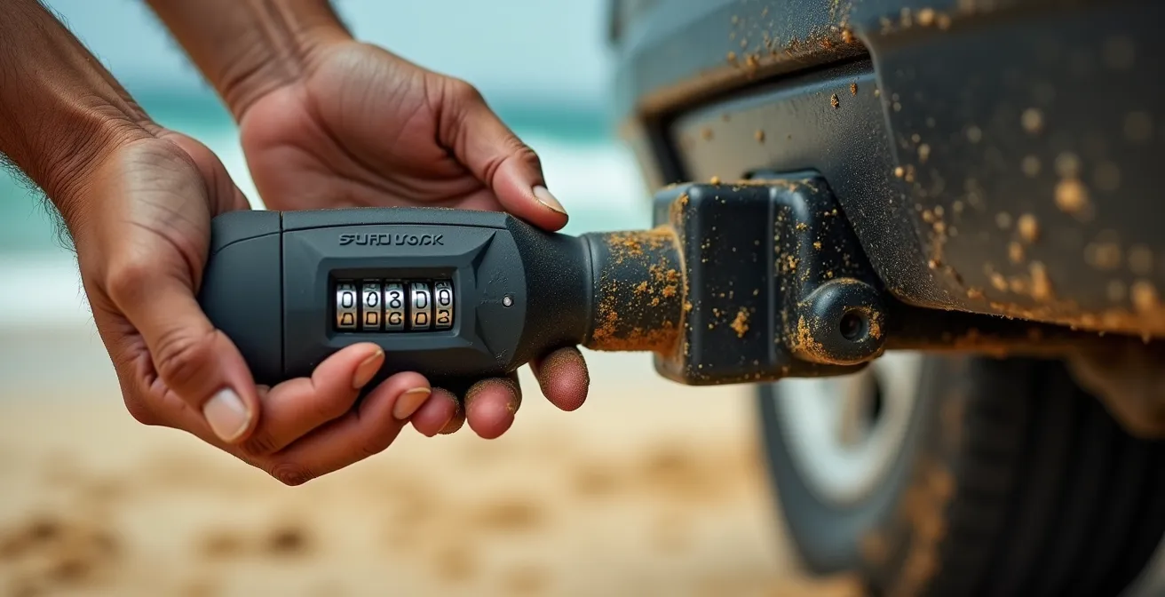 Gros plan sur un coffre-fort portable attaché sous un véhicule sur une plage martiniquaise