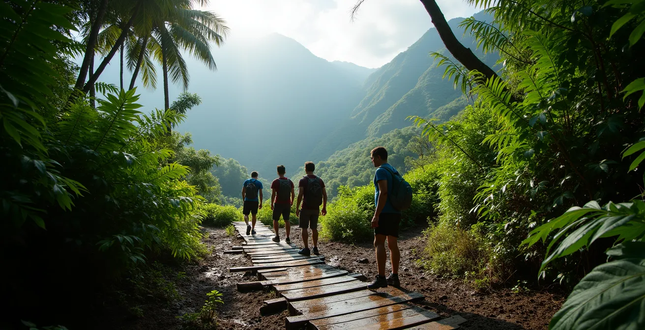 Randonneurs sur le sentier du Belvédère de Moorea avec vue sur les deux baies