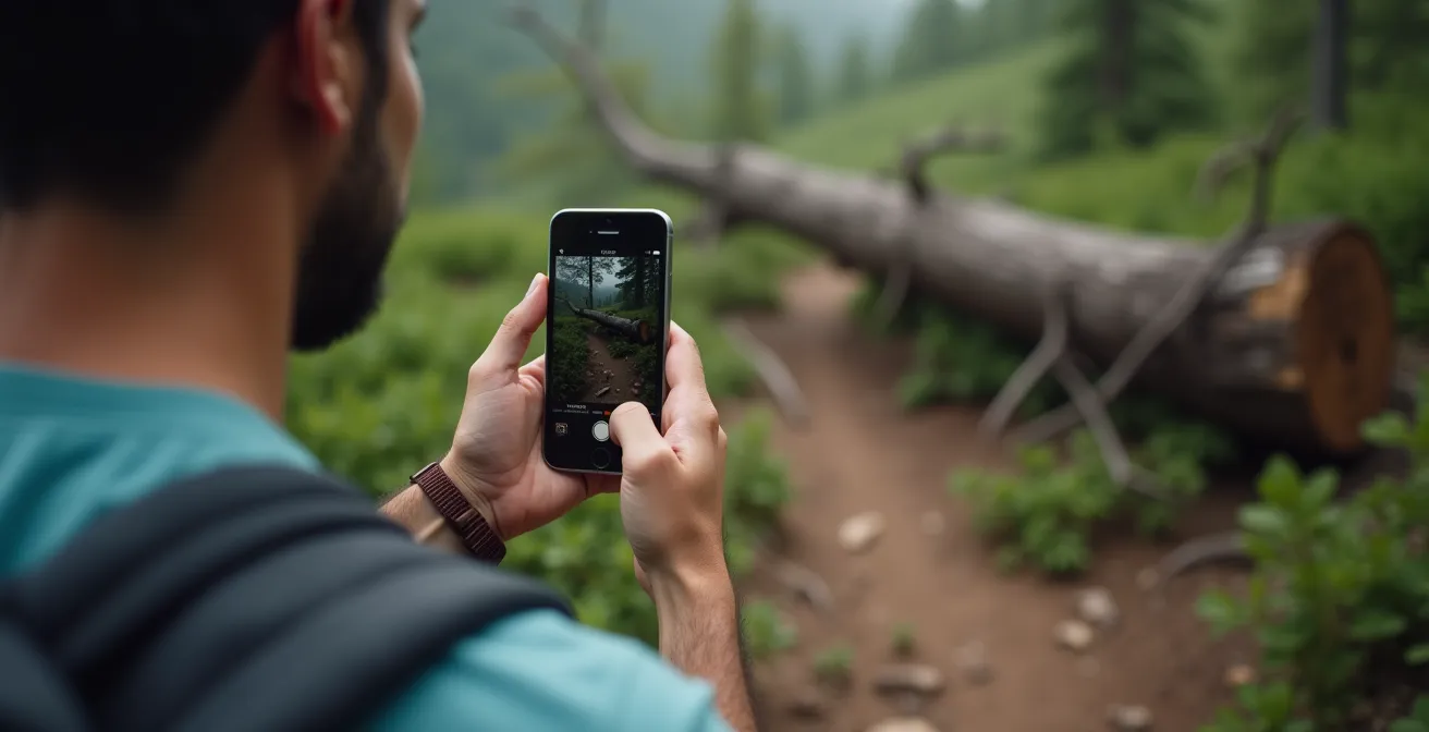 Randonneur utilisant son smartphone pour signaler un obstacle sur un sentier de montagne