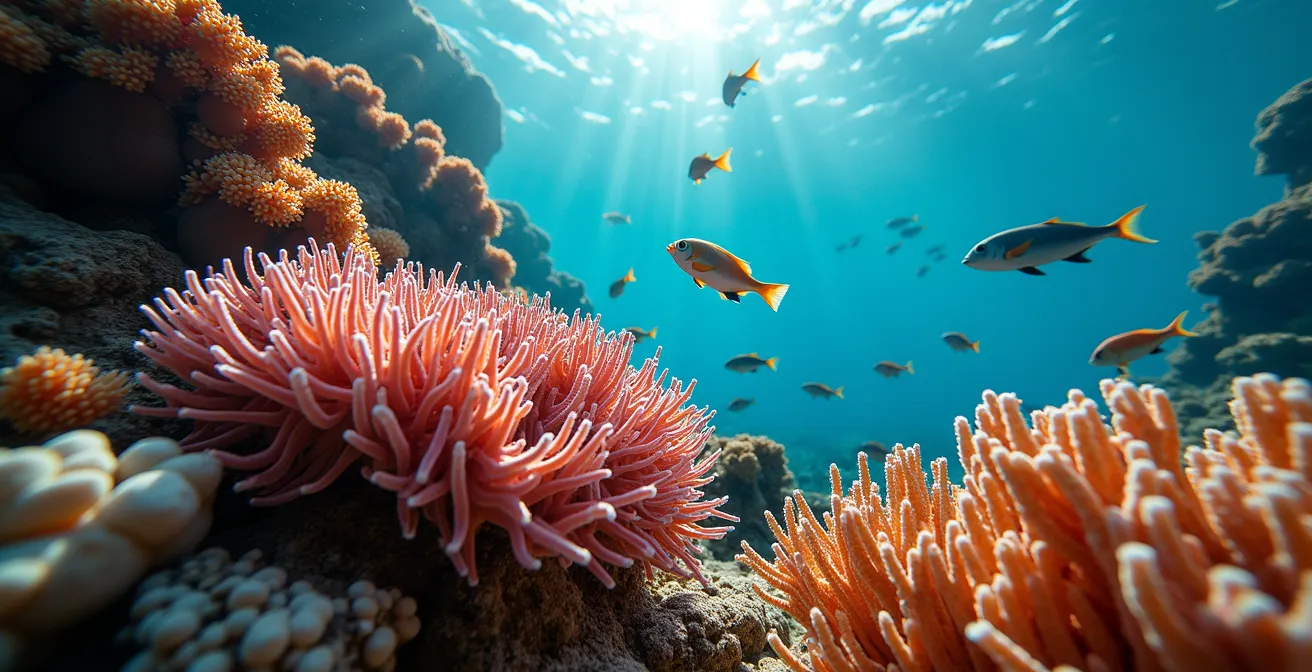 Vue sous-marine d'un récif corallien avec poissons tropicaux colorés