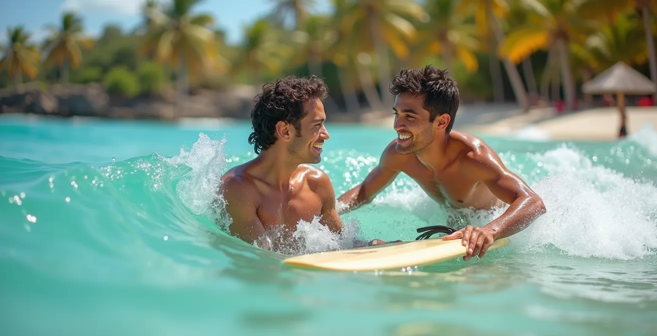 Spot de surf sur récif peu profond dans un lagon turquoise avec surfeurs débutants