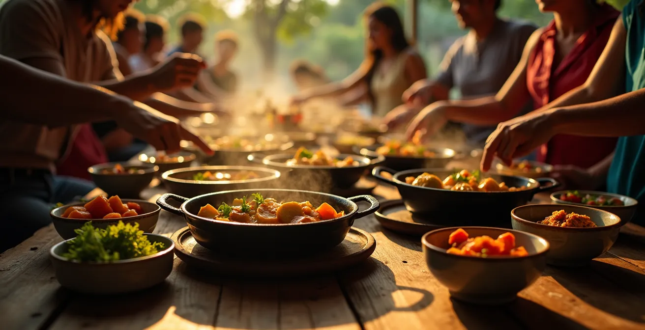 Table d'hôte chaleureuse avec cari fumant servi dans des plats en fonte, éclairée par la lueur du feu de bois