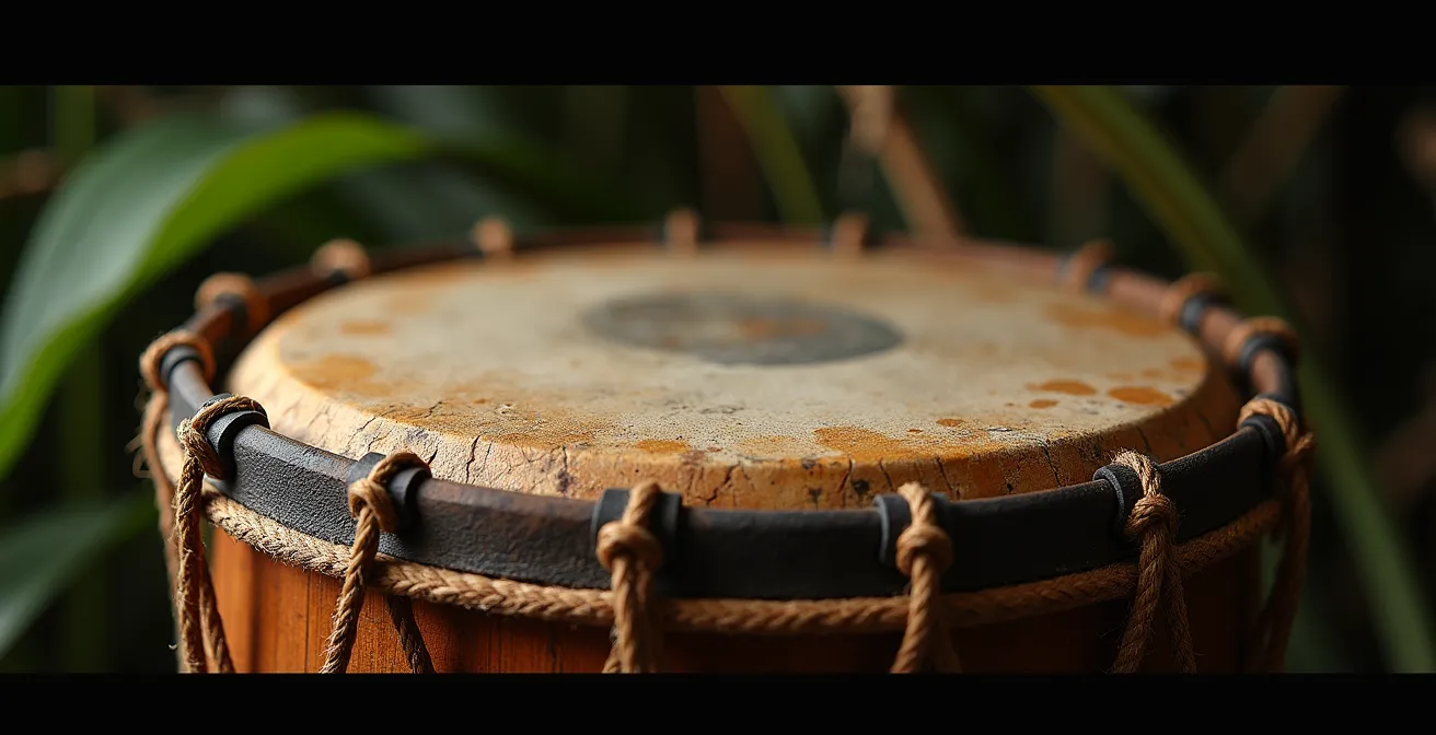 Gros plan sur un tambour roulèr traditionnel avec ses peaux tendues et ses cordes